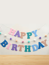 Load image into Gallery viewer, Pastel Rainbow Felt Happy Birthday Garland Banner – Sturdy Laser-Cut Letters, Handmade Party Decoration for Kids & Adults