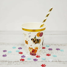 Load image into Gallery viewer, Dog-themed party cups featuring puppies with golden bows and gold foil edge