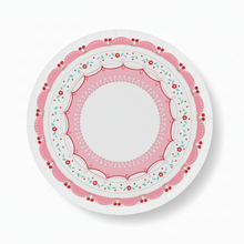 Load image into Gallery viewer, Pink vintage cherry paper plates with scalloped edges and floral details – 8 inch