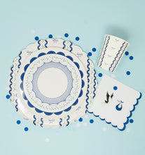 Load image into Gallery viewer, blue coquette bow luncheon napkins plates cup with scalloped trim and floral motifs
