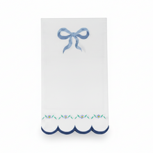 Load image into Gallery viewer, Coquette blue bow luncheon napkin with elegant feminine design, disposable party napkin for bridal showers, tea parties, and chic celebrations