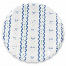 Load image into Gallery viewer, Close-up of blue bow scalloped paper plate design with floral details