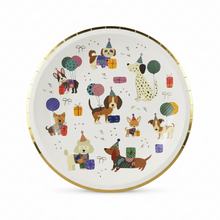 Load image into Gallery viewer, Puppy party paper plates with playful dog illustrations and gold foil rim