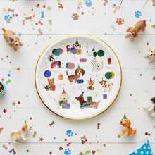 Load image into Gallery viewer, 8-inch dog birthday paper plate with puppies, balloons, and confetti desig