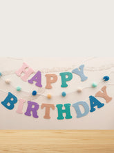 Load image into Gallery viewer, Pastel Rainbow Felt Happy Birthday Garland Banner – Sturdy Laser-Cut Letters, Handmade Party Decoration for Kids & Adults