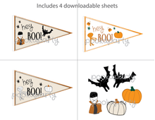 Load image into Gallery viewer, Cute Dracula Mummy Pumpkin Halloween Pennant Flag & Cutout Printables - Pooka Party