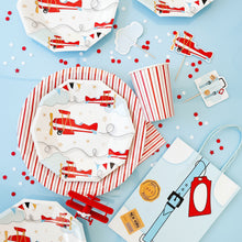 Load image into Gallery viewer, Children's party tableware with airplane design on a blue background