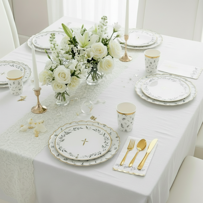 golden cross plates and napkins and eucalyptus plates and cups 