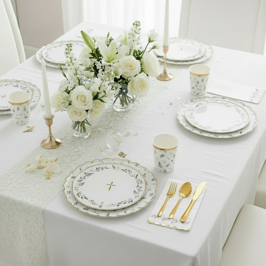 golden cross plates and napkins and eucalyptus plates and cups 