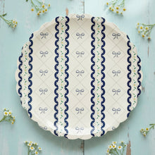 Load image into Gallery viewer, Elegant blue bow and floral scalloped party plates on tablescape.
