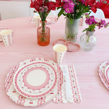 Load image into Gallery viewer, Large disposable cherry napkins cups plates for baby showers, bridal showers, and garden parties
