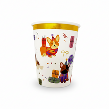 Load image into Gallery viewer, Coquette style paper cups with cute dogs, gold bows, and gold trim – 9oz pack of 8
