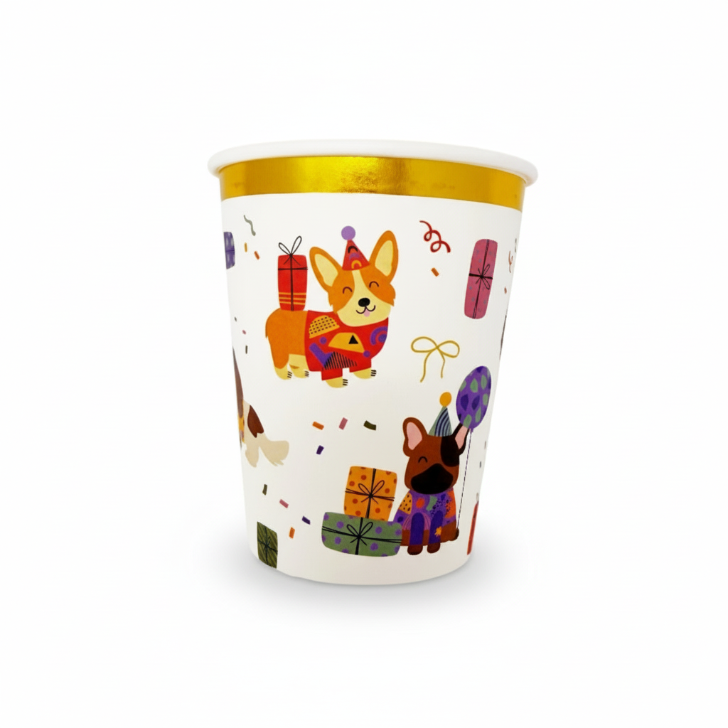 Coquette style paper cups with cute dogs, gold bows, and gold trim – 9oz pack of 8