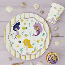 Load image into Gallery viewer, Mermaid party plates featuring three illustrated mermaids with coral, shells, and fish
