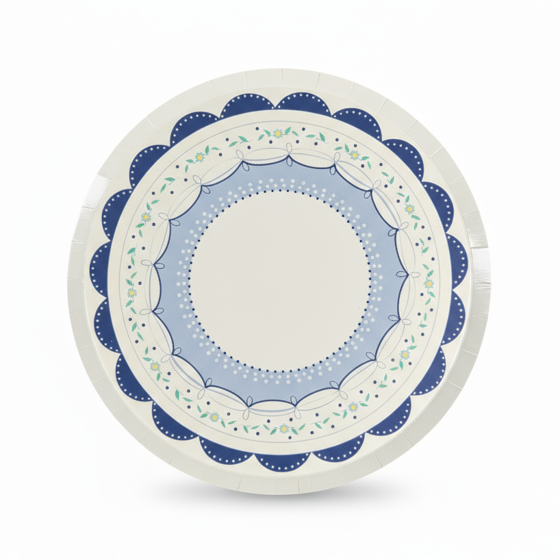 Blue coquette style paper plates with bows and floral details – 8 inch