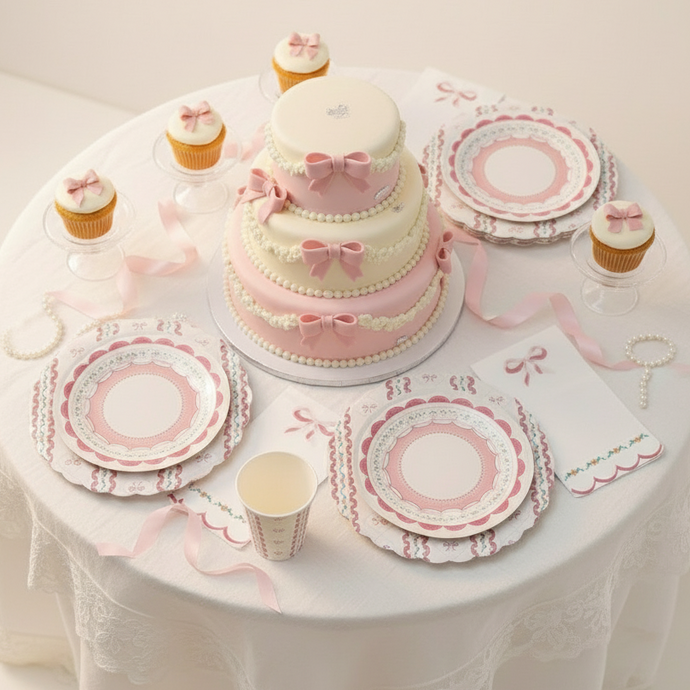 Pastel pink cake with matching tableware on a white tablecloth