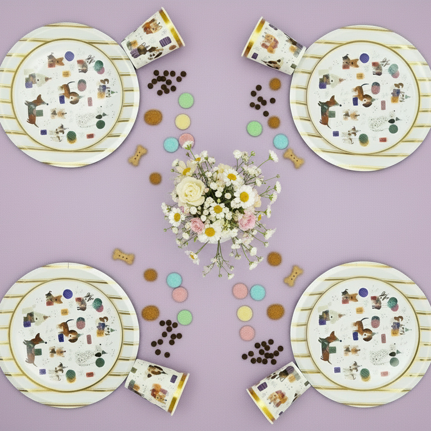 Set of paper plates and cups with dog illustrations on a purple background