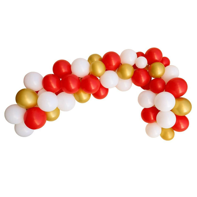 Balloon arch with red, gold, and white balloons for baseball firetruck all stars party