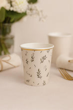 Load image into Gallery viewer, Elegant White Floral Olive Greenery Leaves Gold Rim 9oz Paper Cups  Garden Tea, Wedding, Baby Shower, Baptism, First Communion Party Decor
