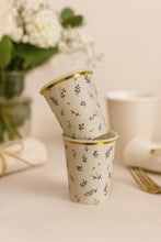 Load image into Gallery viewer, Elegant White Floral Olive Greenery Leaves Gold Rim 9oz Paper Cups  Garden Tea, Wedding, Baby Shower, Baptism, First Communion Party Decor
