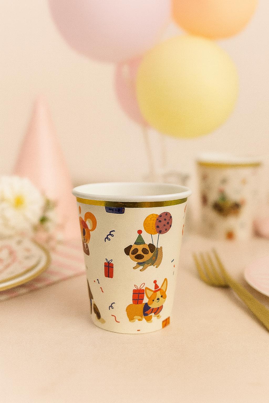 Coquette Dogs with Golden Bows 9oz Party Cups  Colorful Pets Puppy Paper Cups with Gold Trim for Birthday, Baby Shower, Dogs Party