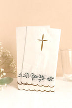 Load image into Gallery viewer, Gold Cross Eucalyptus Scalloped Luncheon Napkins  Baptism, First Communion, Christening, Confirmation, Wedding &amp; Religious Party Tableware
