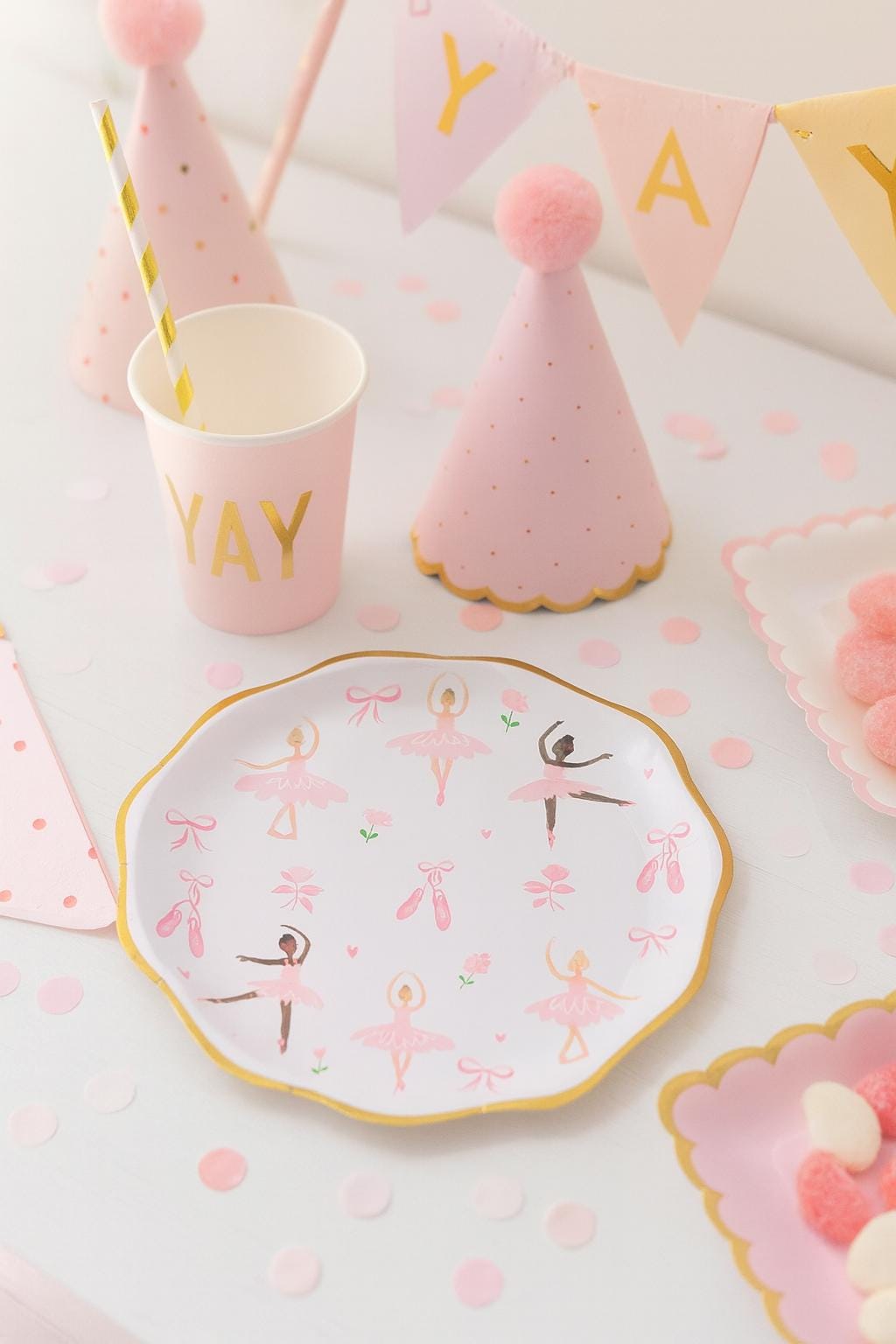 Ballerina Paper Plates - Pink and Gold Rim Ballet Party Plates - Girls Birthday Plates - Ballet Theme Party Supplies - 8