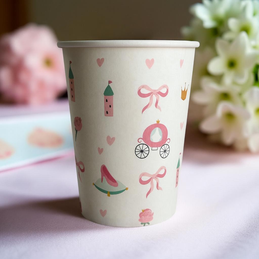 Princess Party Cups 9oz  Whimsical Pink Paper Cups for 1st Girl Birthday Baby Shower - Garden Tea,  Flowers Fairy Tail Theme Party Decor