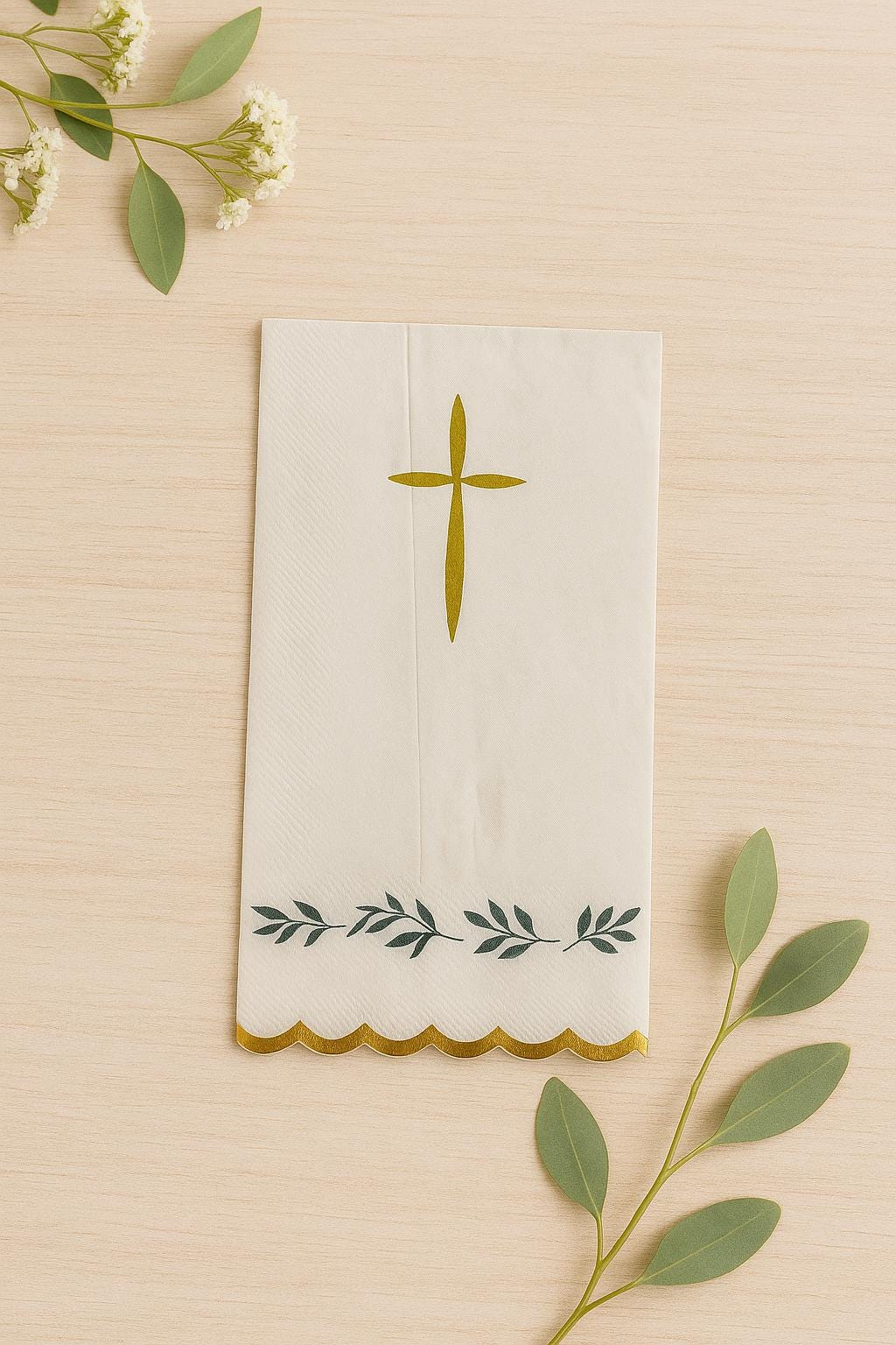 Gold Cross Eucalyptus Scalloped Luncheon Napkins  Baptism, First Communion, Christening, Confirmation, Wedding & Religious Party Tableware