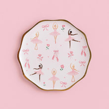 Load image into Gallery viewer, Ballerina Paper Plates - Pink and Gold Rim Ballet Party Plates - Girls Birthday Plates - Ballet Theme Party Supplies - 8&quot; Plates (8 pack)
