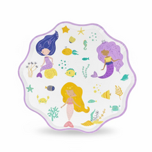 Load image into Gallery viewer, Under the Sea mermaid paper plates with scalloped edges and pastel sea creatures, 8 inch
