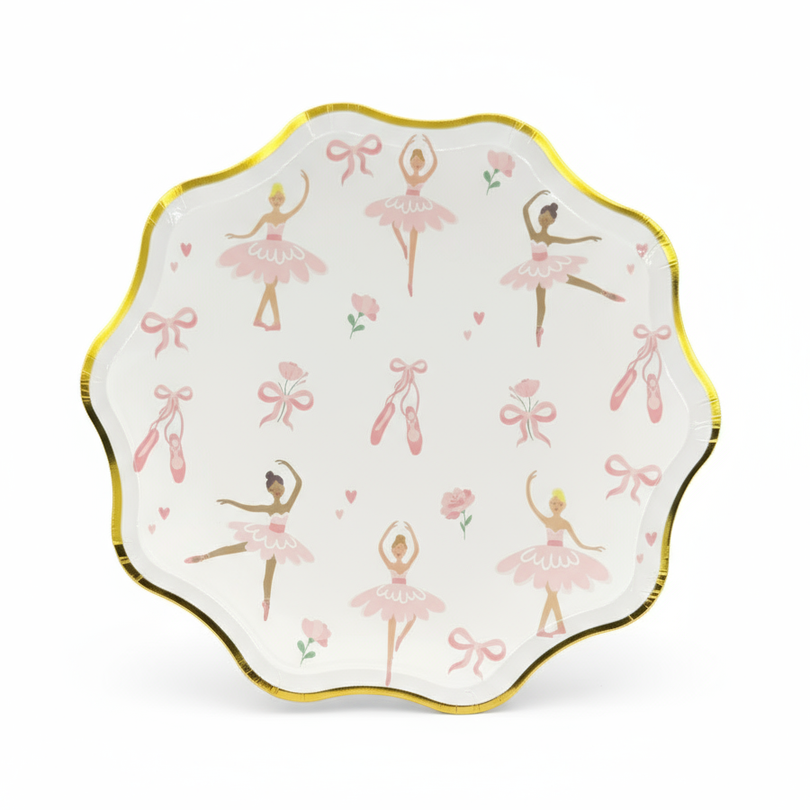 Pink ballerina 8-inch plates with gold foil edge for ballet party