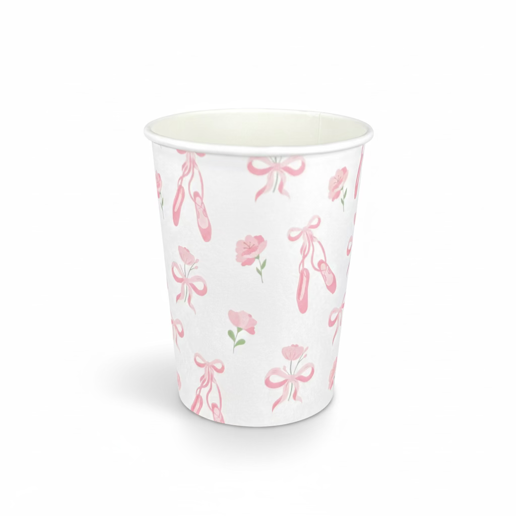 Ballerina 9oz party cups with bows and flowers for ballet birthday party