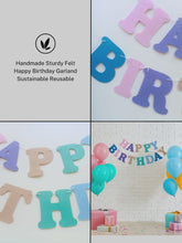 Load and play video in Gallery viewer, Pastel Rainbow Felt Happy Birthday Garland Banner – Sturdy Laser-Cut Letters, Handmade Party Decoration for Kids &amp; Adults
