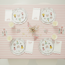 Load image into Gallery viewer, Children&#39;s tableware set with princess design on a pink striped background

