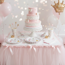 Load image into Gallery viewer, Pink and white cake on a table with balloons and decorative elements
