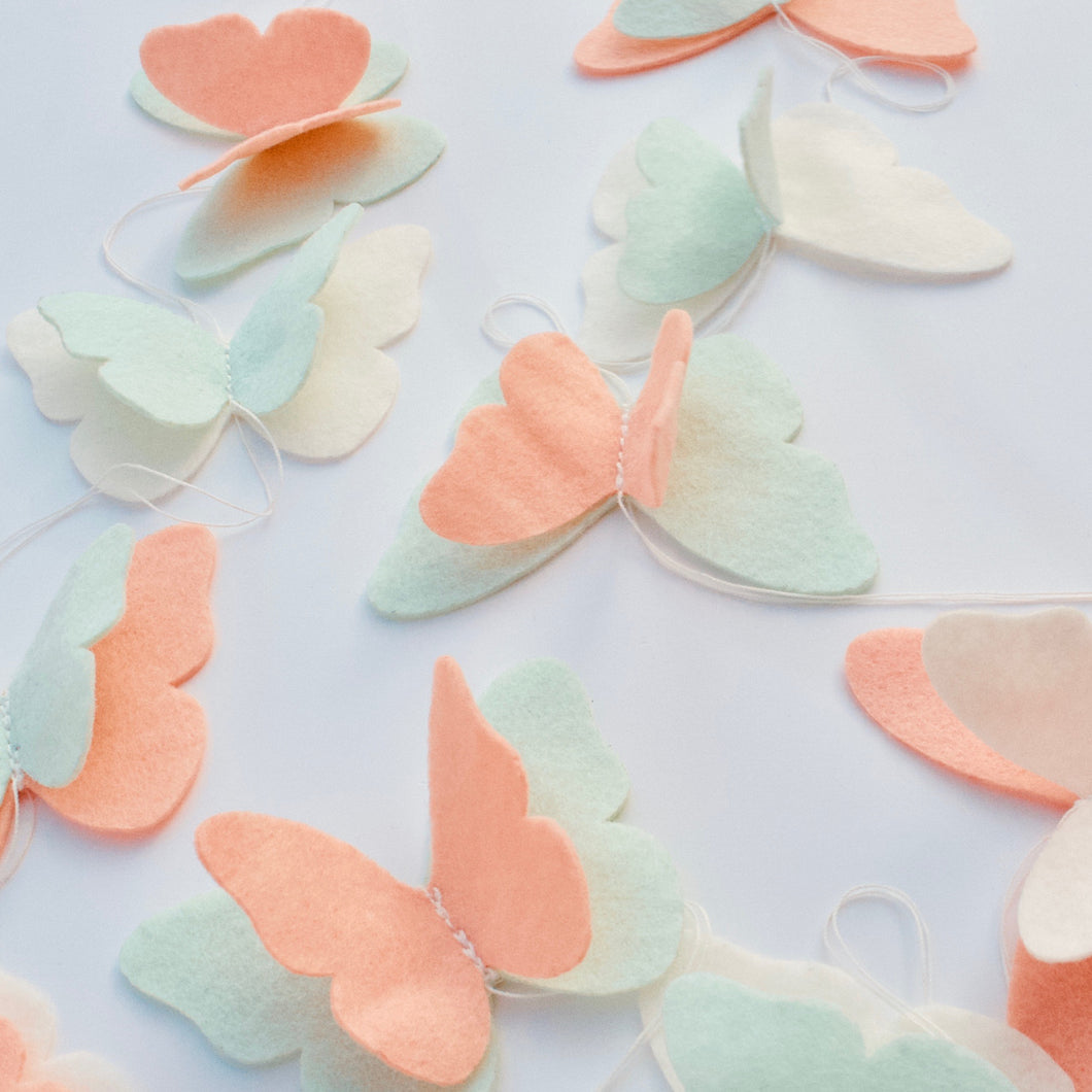 Peach mint felt Butterfly fairy garland for party and room decoration - Pooka Party